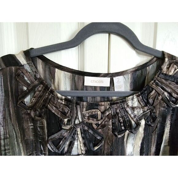 Chico's 2 Gray Brown Tan Blouson Style Top Elastic Hem/Sleeve Cuff Size 2 - Picture 3 of 6